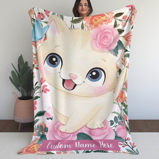 キュートキャットピンクローズ赤面フラワーズ名前をカスタムする フリースブランケット