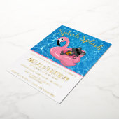 キュートキャットフラミンゴ子供の誕生日プールパーティー 箔招待状 (回転した状態)