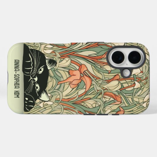 キュートキャットフローラアールヌーボーグリーンレッド名前をカスタムする Case-Mate iPhoneケース (裏面 (横))