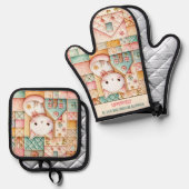 キュートキャットホームパッチワークコージーパステル名前をカスタムする 鍋つかみ&鍋敷きセット (正面/裏面)