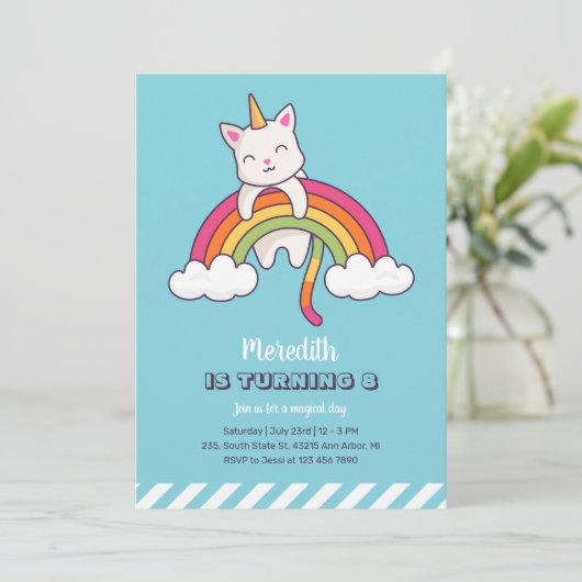 キュートキャットユニコーンレインボーガール誕生日 招待状 (スタンド正面)