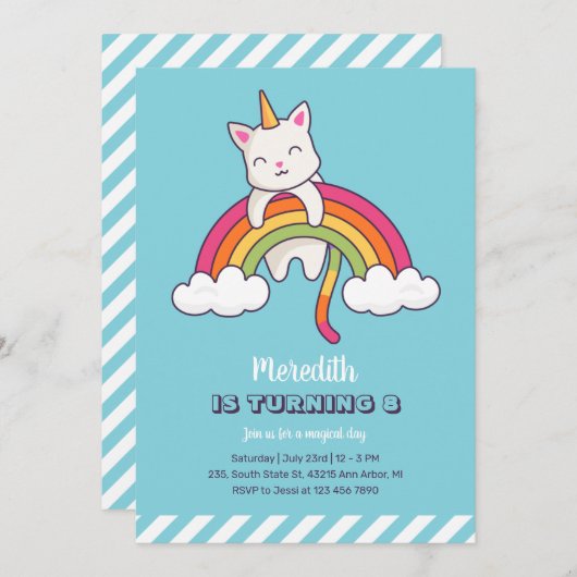 キュートキャットユニコーンレインボーガール誕生日 招待状 (正面/裏面)