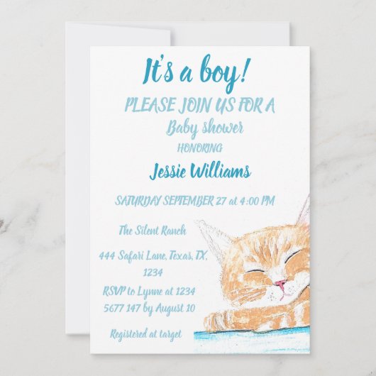 キュートキャット子猫キッテンブルー動物男の赤ちゃん 招待状 (正面)