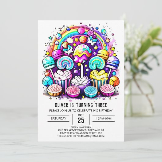 キュートキャンディスウィートチョコレート誕生日 招待状 (スタンド正面)