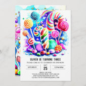 キュートキャンディランド子供の誕生日 招待状 (正面/裏面)