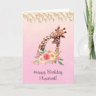 キュートキリンウォーターカラーマム&ベビー誕生日 カード