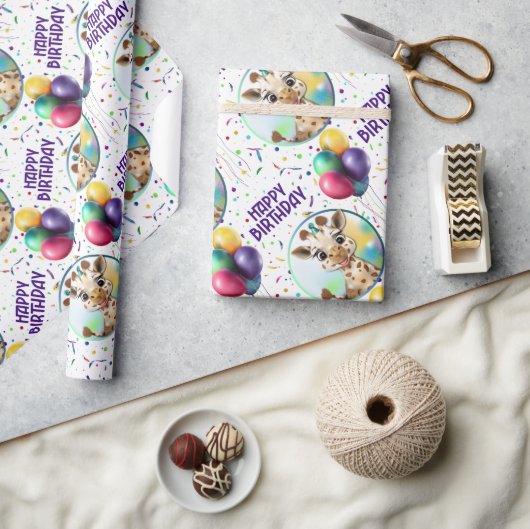 キュートキリンカラフル紙吹雪子供の誕生日パーティー ラッピングペーパー (クラフト)