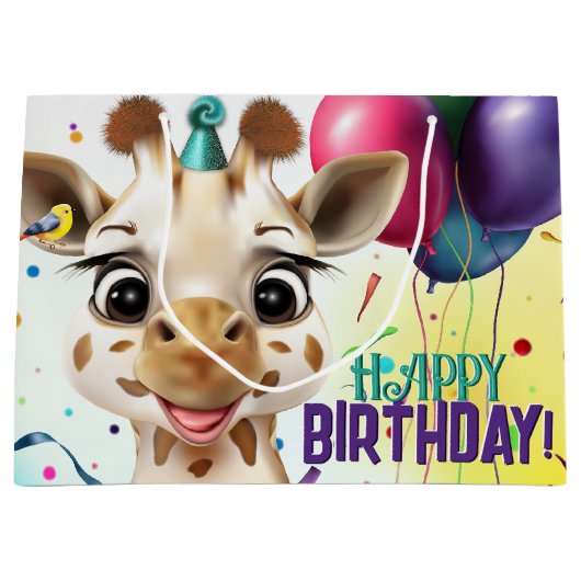 キュートキリンカラフル紙吹雪子供の誕生日パーティー ラージペーパーバッグ (正面)