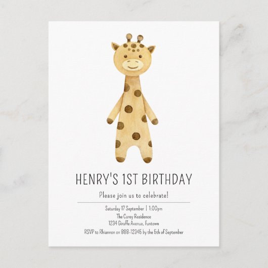 キュートキリン、ミニマル子供の誕生日招待状 ポストカード (正面)