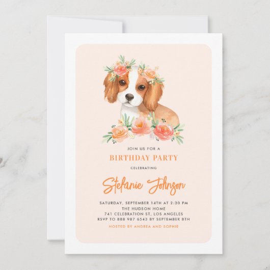 キュートキングチャールズスパニエル犬ピーチフローラ誕生日 招待状 (正面)
