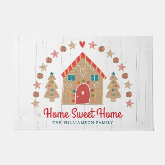 キュートギンガーブレッドハウスホームスウィートホームウ素朴ィード ドアマット (正面)