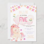 キュートクラウドピンクユニコーンカラフルガール誕生日 招待状 (正面)