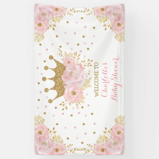 キュートクラウンプリンセス赤面金ゴールドフローラベビーシャワー 横断幕 (縦)