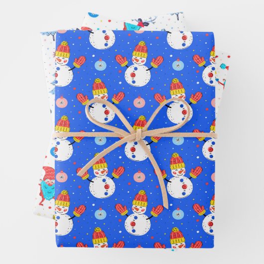 キュートクリスマスお洒落雪だるまサンタトナカイ ラッピングペーパーシート (インサイチュ)