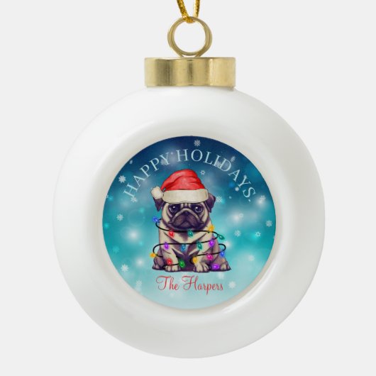 キュートクリスマスウィッシュハッピーホリデーズドッグペットカスタム セラミックボールオーナメント (正面)