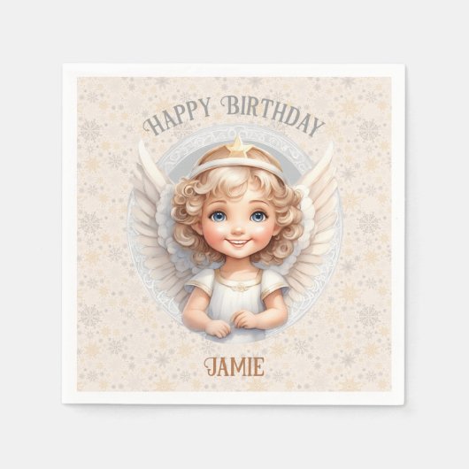 キュートクリスマスエンジェル誕生日ネーム紙ナプキンス スタンダードカクテルナプキン (正面)