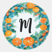 キュートクリスマスオレンジリースモノグラムウォーターカラー ラウンドシール (正面)