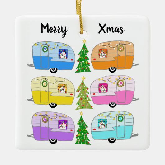 キュートクリスマスキャンパーヴィンテージトレーラーRVクリスマス セラミックオーナメント (正面)