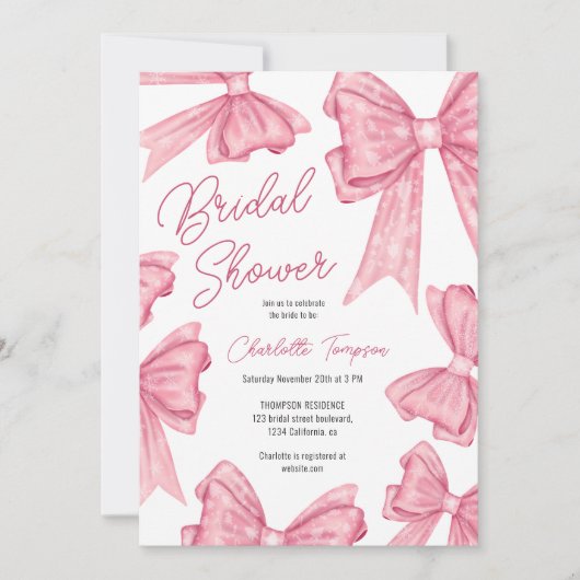 キュートクリスマスコケットピンクボウブライダルシャワー 招待状 (正面)