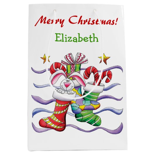 キュートクリスマスストッキングバニーパーソナライズされた ミディアムペーパーバッグ (正面)