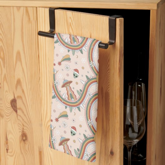 キュートクリスマスツリーエイリアンレインボーホリデーパターン キッチンタオル (三つ折り)