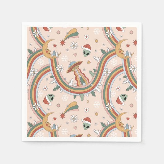 キュートクリスマスツリーエイリアンレインボーホリデーパターン スタンダードカクテルナプキン (正面)
