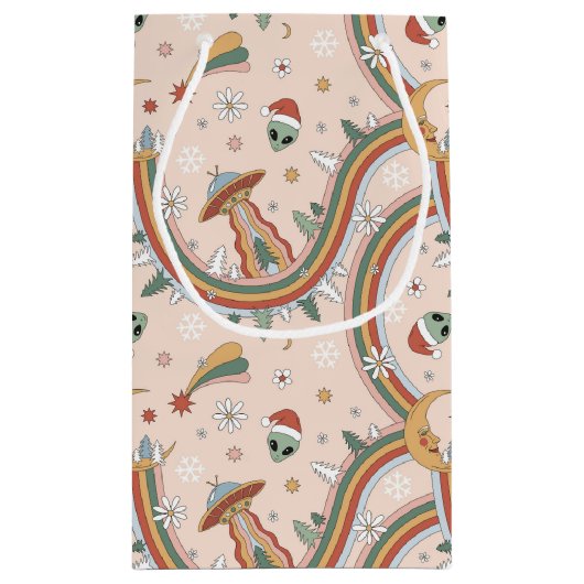 キュートクリスマスツリーエイリアンレインボーホリデーパターン スモールペーパーバッグ (裏面)