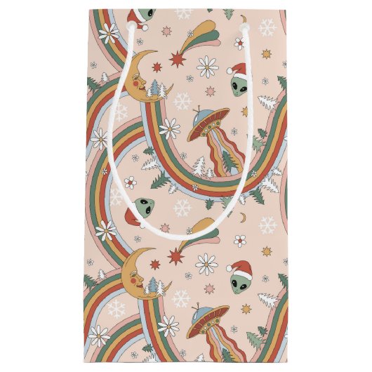 キュートクリスマスツリーエイリアンレインボーホリデーパターン スモールペーパーバッグ (正面)