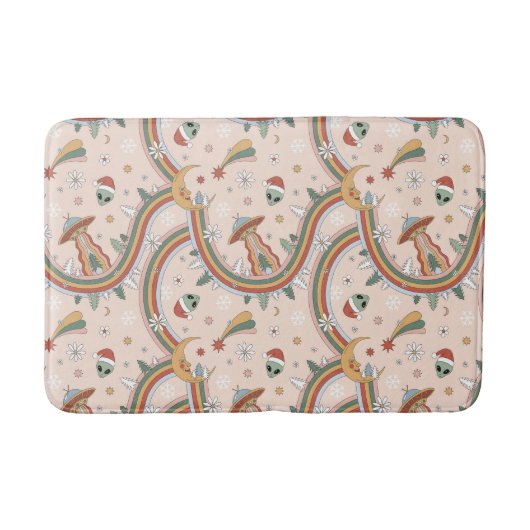 キュートクリスマスツリーエイリアンレインボーホリデーパターン バスマット (正面)