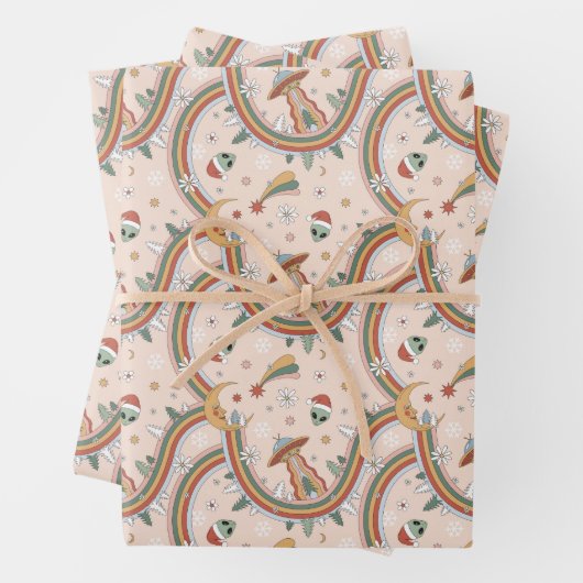 キュートクリスマスツリーエイリアンレインボーホリデーパターン ラッピングペーパーシート (インサイチュ)