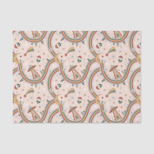 キュートクリスマスツリーエイリアンレインボーホリデーパターン 薄葉紙 (正面)