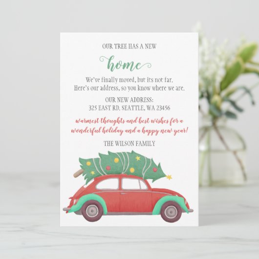 キュートクリスマスツリーカー引っ越しましたホリデーカード (スタンド正面)
