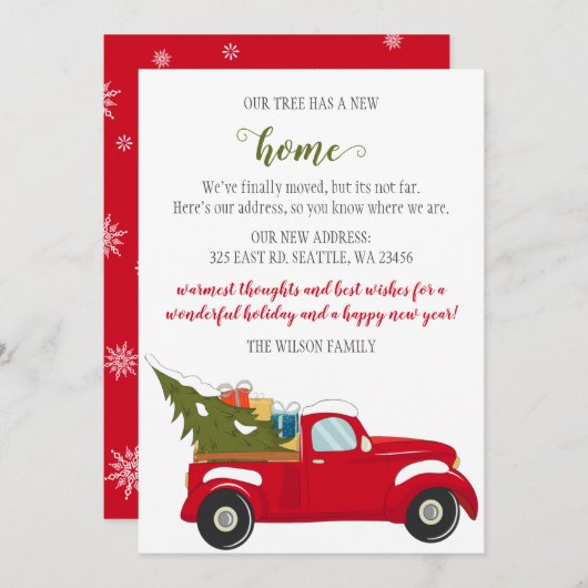 キュートクリスマスツリーカー引っ越しましたホリデーカード (正面/裏面)
