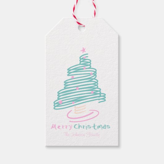キュートクリスマスツリーピンクティール（緑がかった色）ギフトラベル ギフトタグ (正面)