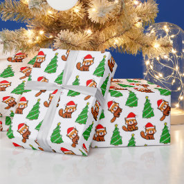 キュートクリスマスツリーレッドパンダサンタハット ラッピングペーパー