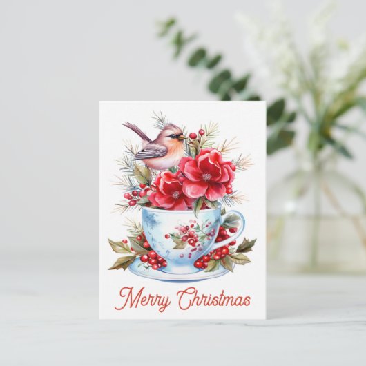 キュートクリスマスティー（鳥）ショウジョウコウカンチョウフローラティーカップ ポストカード (スタンド正面)