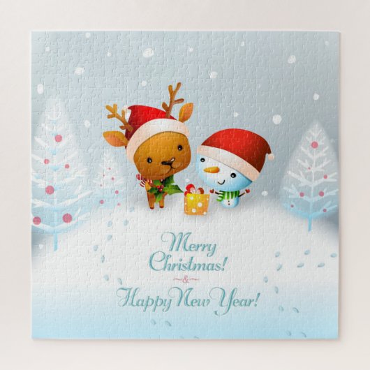 キュートクリスマストインデナーと雪だるまジグソーパズル ジグソーパズル (縦)