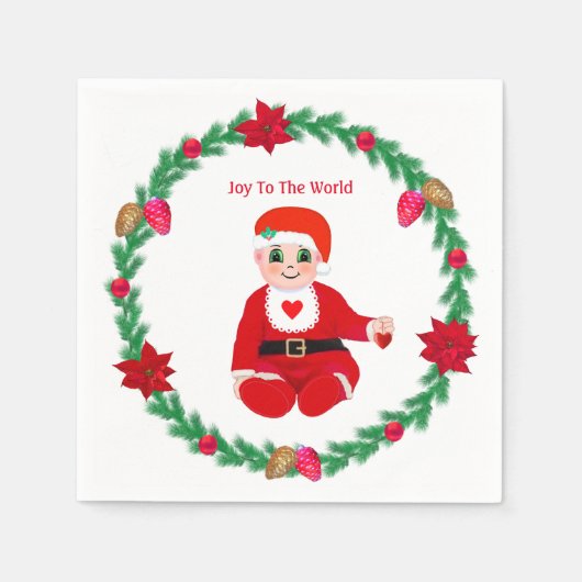 キュートクリスマスハッピーベビー&パインリース スタンダードカクテルナプキン (正面)