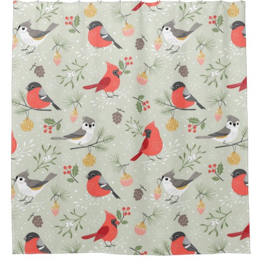 キュートクリスマスバードパターンホリデーデザイン シャワーカーテン (正面)