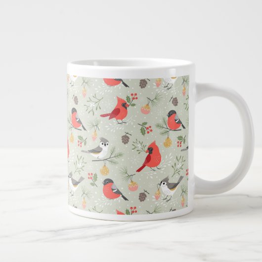 キュートクリスマスバードパターンホリデーデザイン ジャンボコーヒーマグカップ (右)