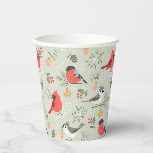 キュートクリスマスバードパターンホリデーデザイン 紙コップ (正面)