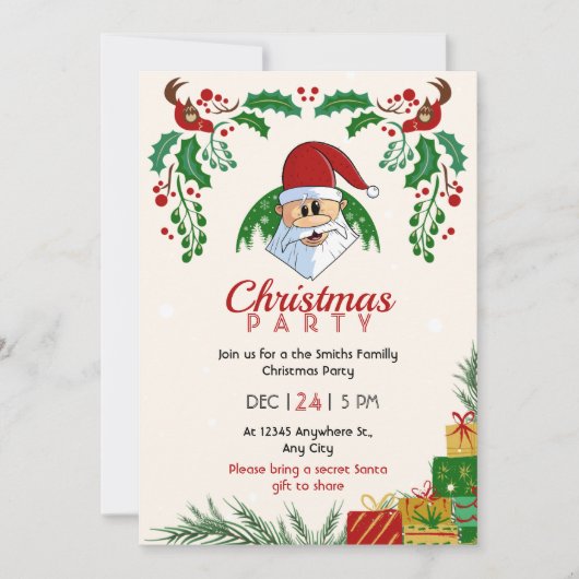 キュートクリスマスパーティーサンタフェスティバルエレガントフローラ 招待状 (正面)