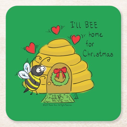 キュートクリスマスビーおもしろいホリデーマンガ スクエアペーパーコースター (正面)