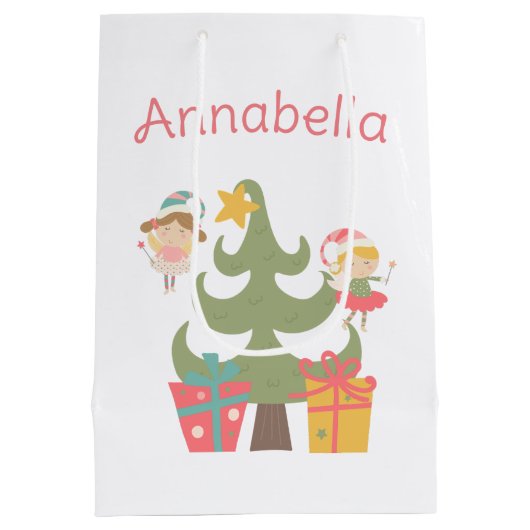 キュートクリスマスフェリーズ名前をカスタムする ミディアムペーパーバッグ (裏面)