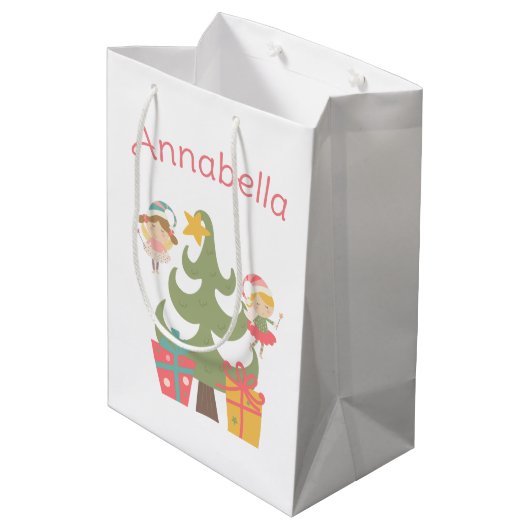 キュートクリスマスフェリーズ名前をカスタムする ミディアムペーパーバッグ (裏面アングル)