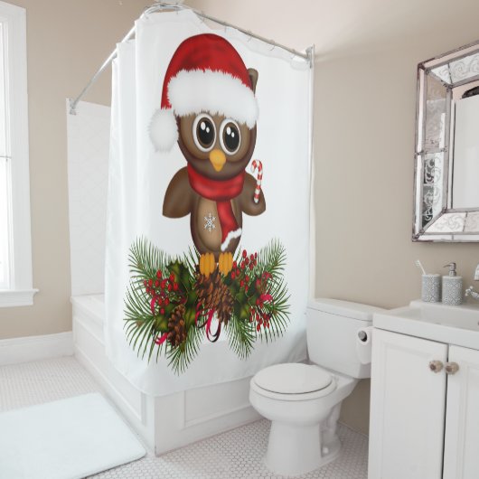 キュートクリスマスフクロウオンパインブランチシャワーカーテン シャワーカーテン (インサイチュ)