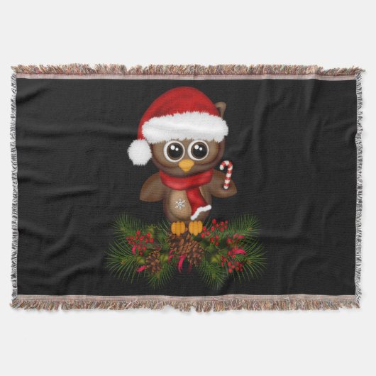 キュートクリスマスフクロウオンパインブランチブランケット スローブランケット (正面)