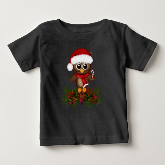 キュートクリスマスフクロウオンパインブランチベビーシャツ ベビーTシャツ (正面)
