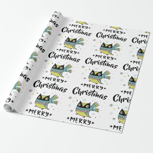 キュートクリスマスフクロウ&ブラックタイポグラフィ ラッピングペーパー (アンロールド)