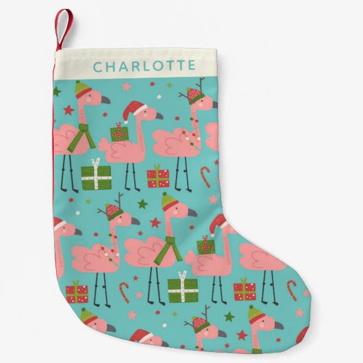 キュートクリスマスフラミンゴスアクアブルーパーソナライズされた スモールクリスマスストッキング (正面)
